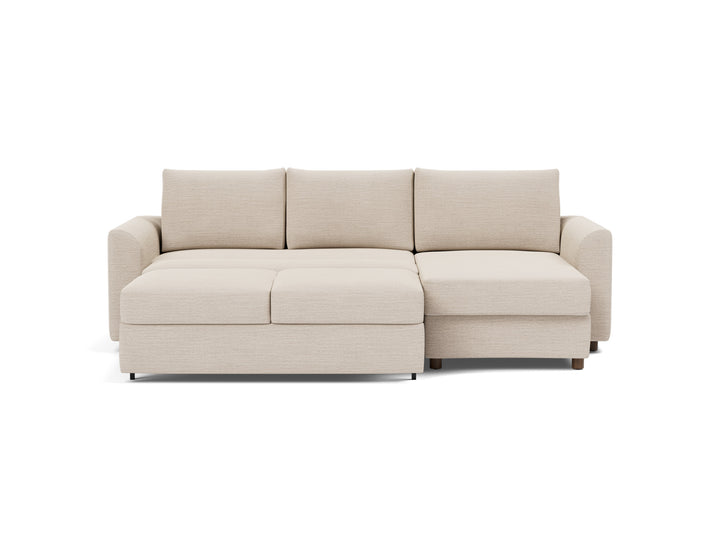 Neah Sleeper Chaise Sectional (curved arms) by Innovation Living in Blida Sand Grey, lounger position, front view on white