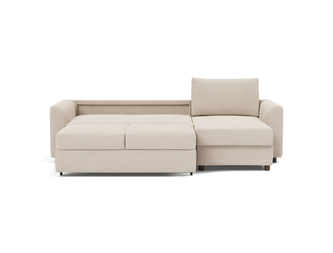 Neah Sleeper Chaise Sectional (curved arms) by Innovation Living in Blida Sand Grey, bed position, front view on white