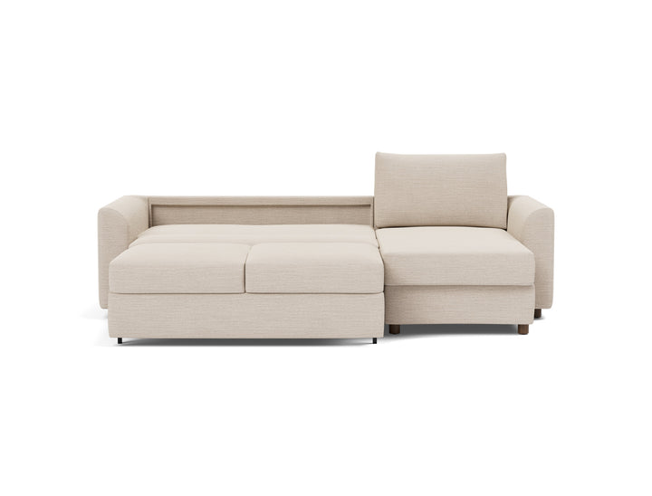Neah Sleeper Chaise Sectional (curved arms) by Innovation Living in Blida Sand Grey, bed position, front view on white