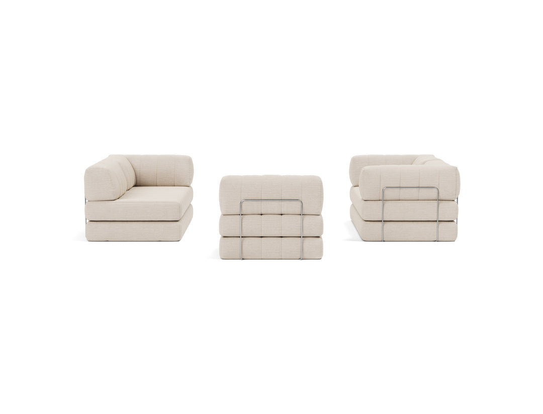CozyPad Sleeper Sofa Corner with arms by Innovation Living in Blida Sand Grey, relax position, front view on white