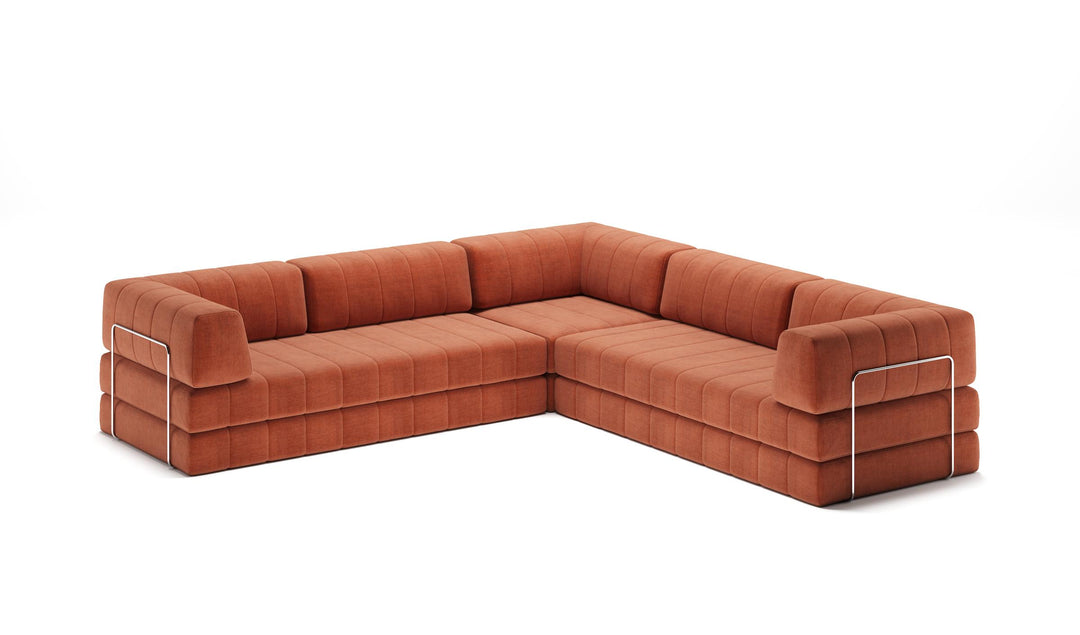 CozyPad Sleeper Sofa Corner with arms by Innovation Living in Esina Rust Orange, sofa position, three-quarter view on white