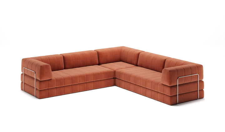 CozyPad Sleeper Sofa Corner with arms by Innovation Living in Esina Rust Orange, sofa position, three-quarter view on white