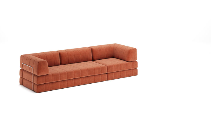 CozyPad Sleeper Sofa Grand with arms by Innovation Living in Esina Rust Orange, sofa position, three-quarter view on white