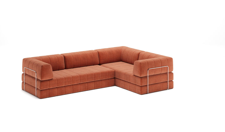 CozyPad Sleeper Sofa L-Shape with arm by Innovation Living in Esina Rust Orange, sofa position, three-quarter view on white