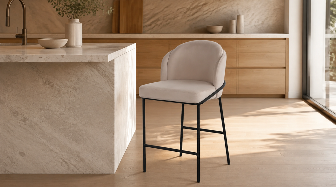 Mobital Wallen Counter Stool in Champagne at a warm modern kitchen island