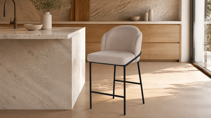 Mobital Wallen Counter Stool in Champagne at a warm modern kitchen island