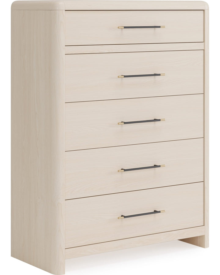 Wallen Five Drawer Chest in White Sand — on a white background