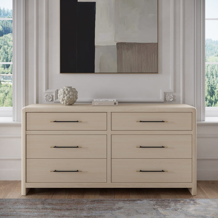Wallen Six Drawer Dresser in White Sand — styled in a room