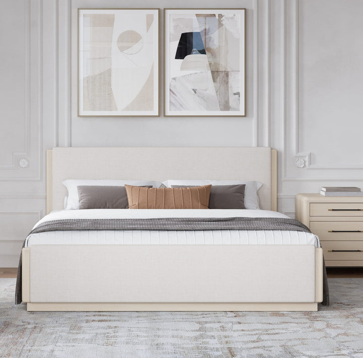 Wallen Upholstered Bed in White Sand styled in a bedroom