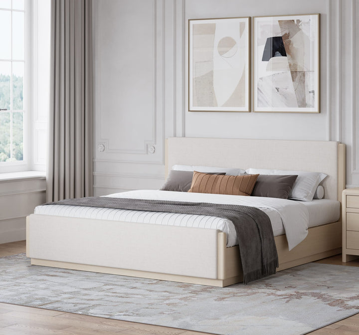 Wallen Upholstered Bed in White Sand styled in a bedroom