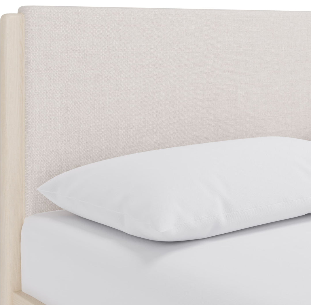 Wallen Upholstered Bed in White Sand — close-up of the headboard