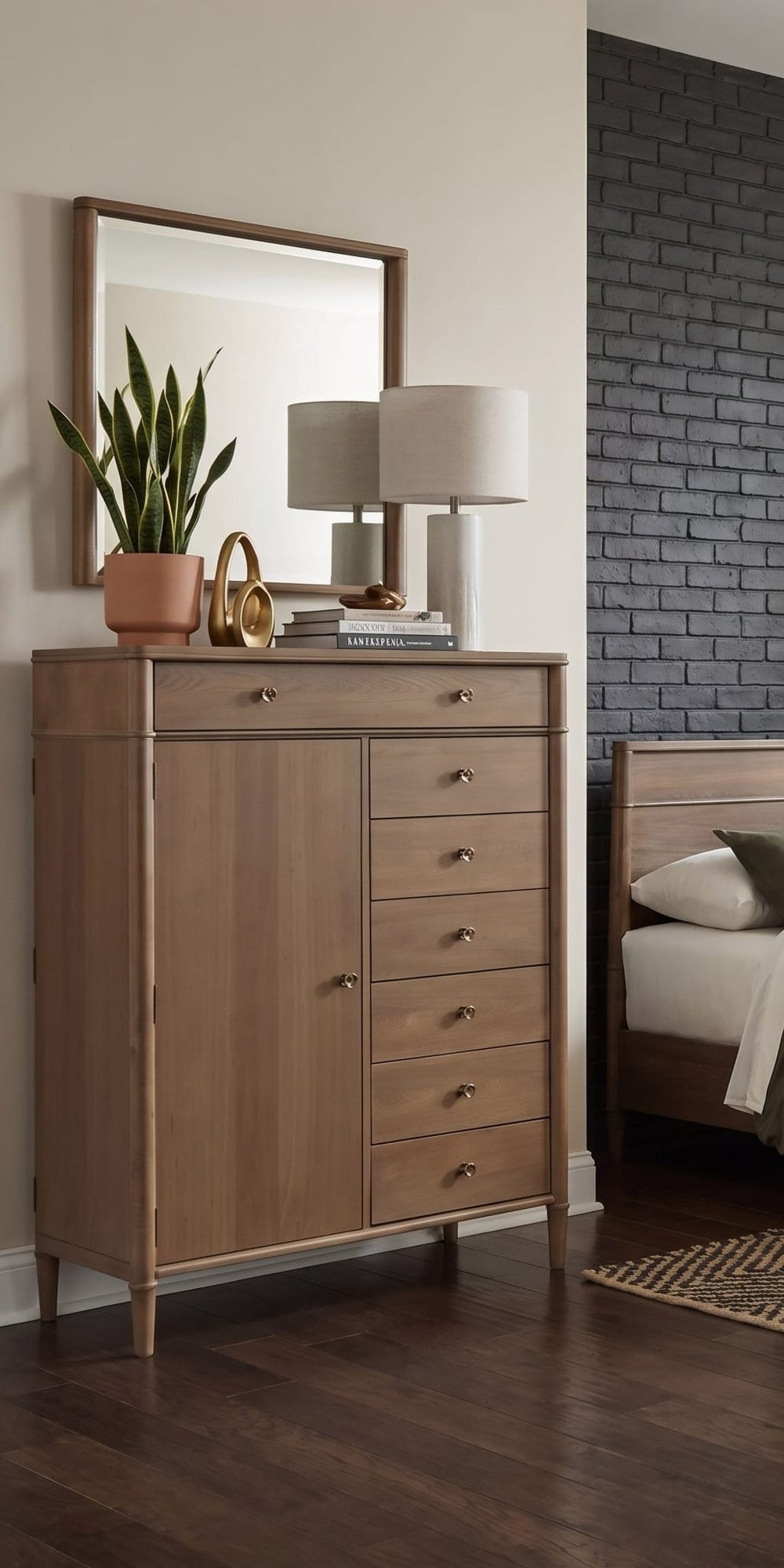 Whitmore Door Chest with Jewelry Storage in Claystone — styled in a room