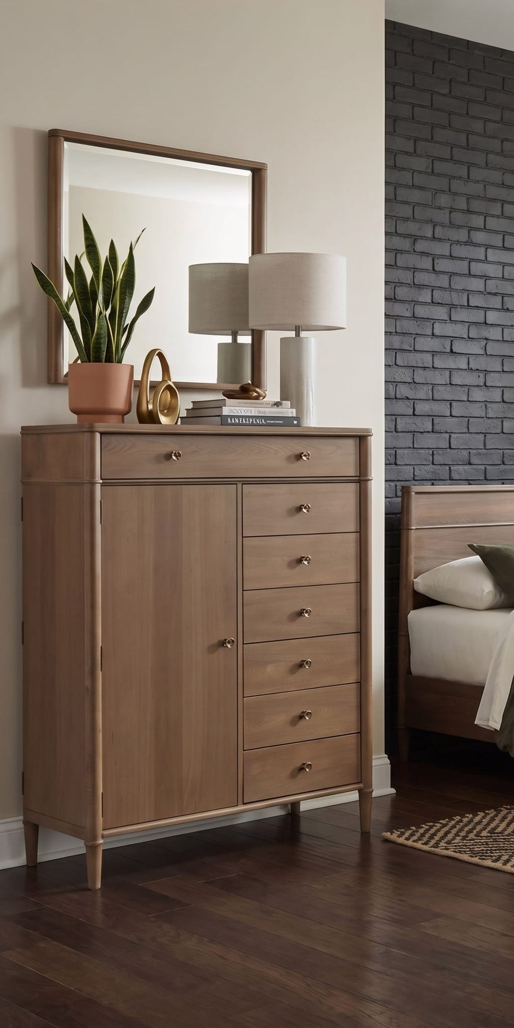 Whitmore Door Chest with Jewelry Storage in Claystone — styled in a room