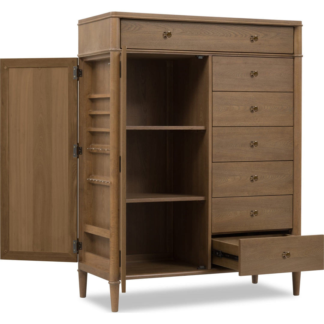 Whitmore Door Chest with Jewelry Storage in Claystone — with drawers open