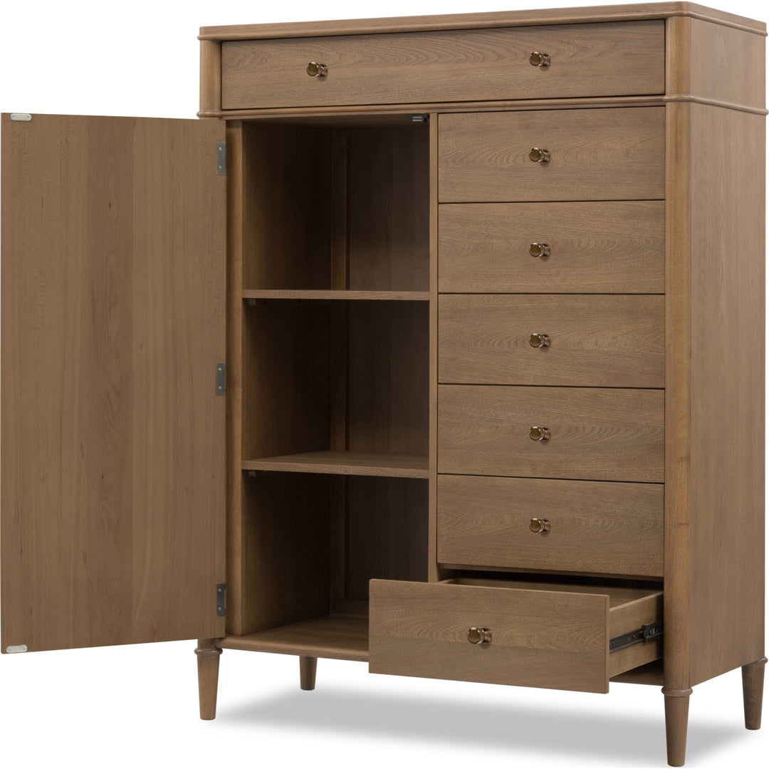 Whitmore Door Chest with Jewelry Storage in Claystone — with drawers open