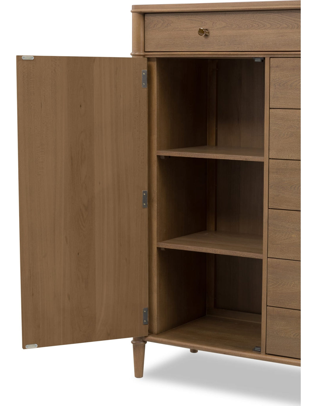 Whitmore Door Chest with Jewelry Storage in Claystone — with drawers open