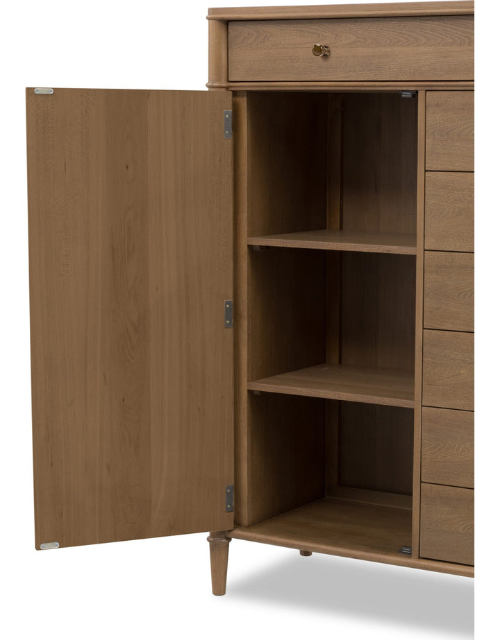 Whitmore Door Chest with Jewelry Storage in Claystone — with drawers open