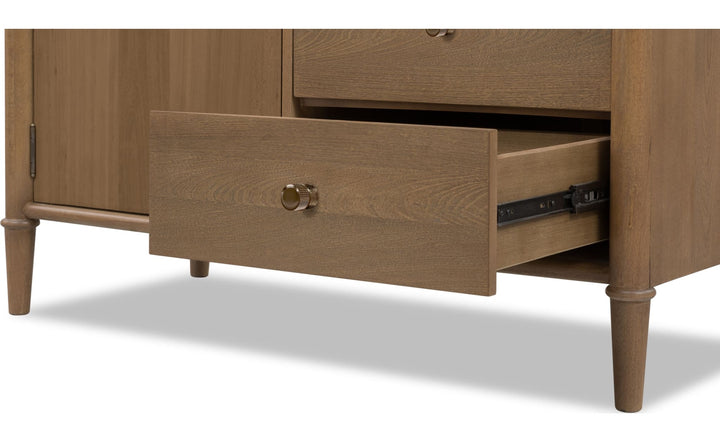 Whitmore Door Chest with Jewelry Storage in Claystone — with drawers open
