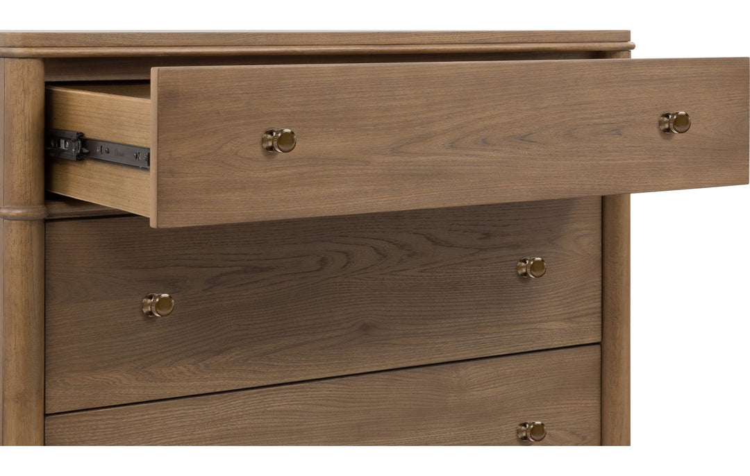 Whitmore Five Drawer Chest in Claystone — with drawers open