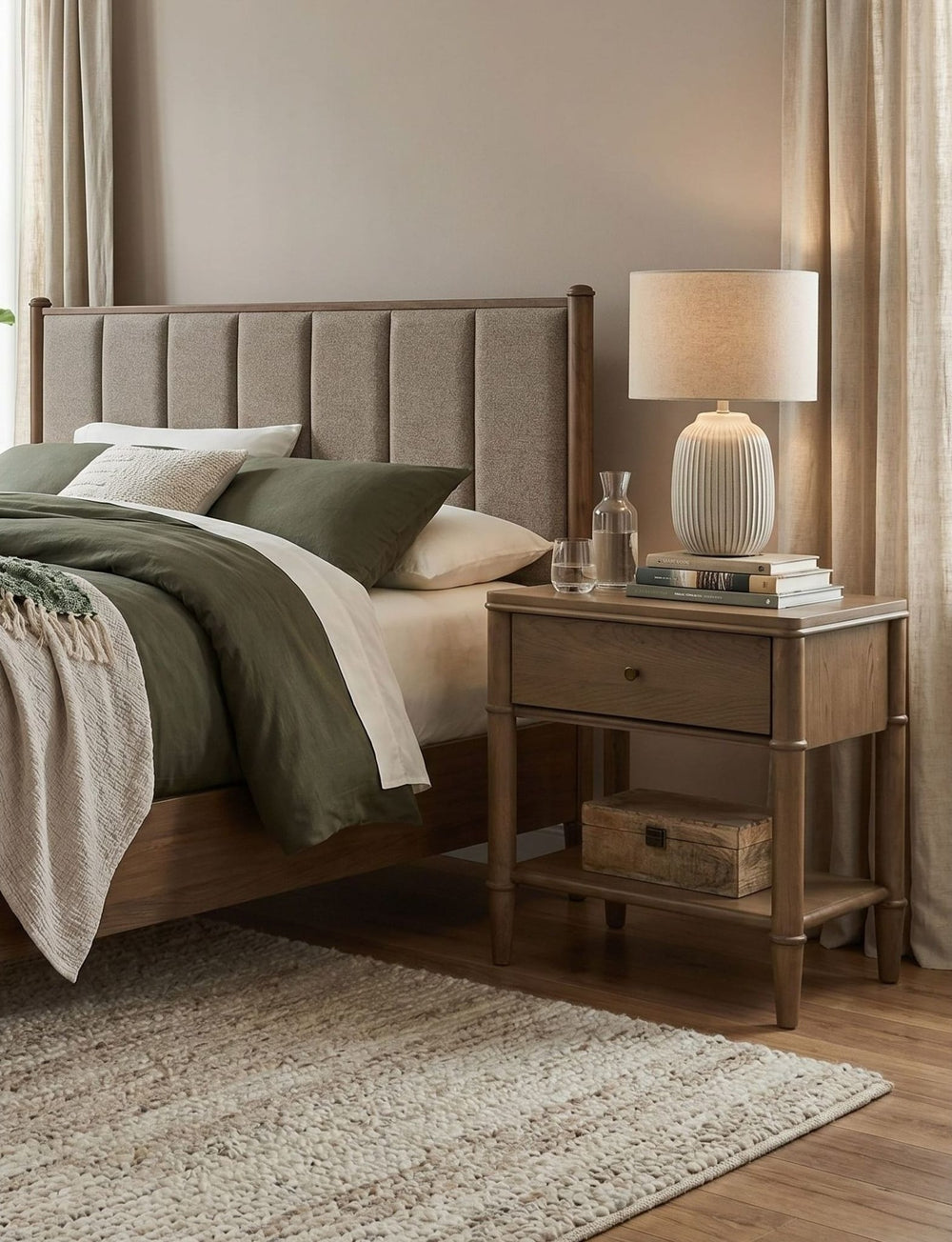 Whitmore One Drawer Nightstand with Cord Management in Claystone — in a bedroom setting