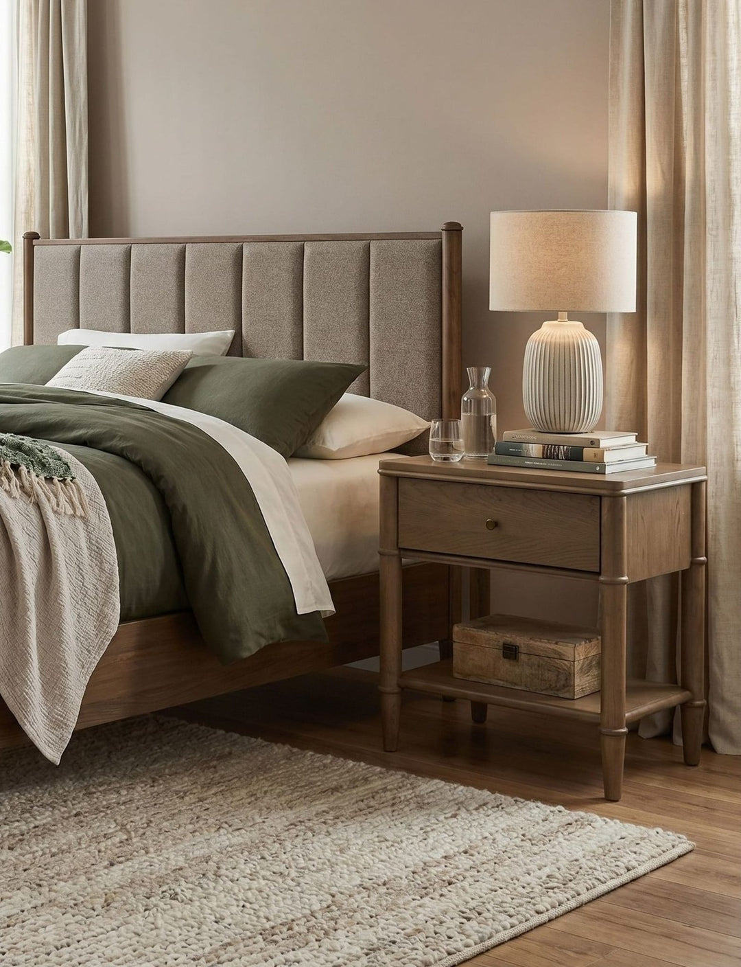 Whitmore One Drawer Nightstand with Cord Management in Claystone — in a bedroom setting