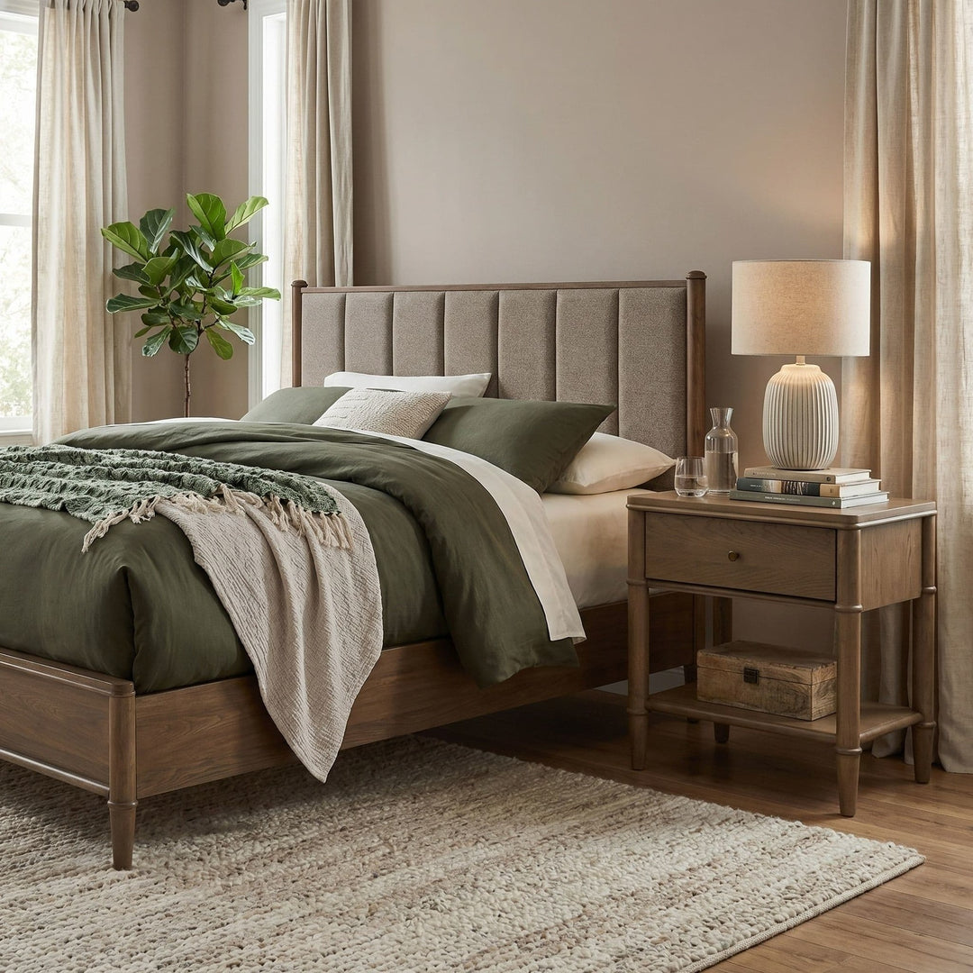 Whitmore One Drawer Nightstand with Cord Management in Claystone — in a bedroom setting