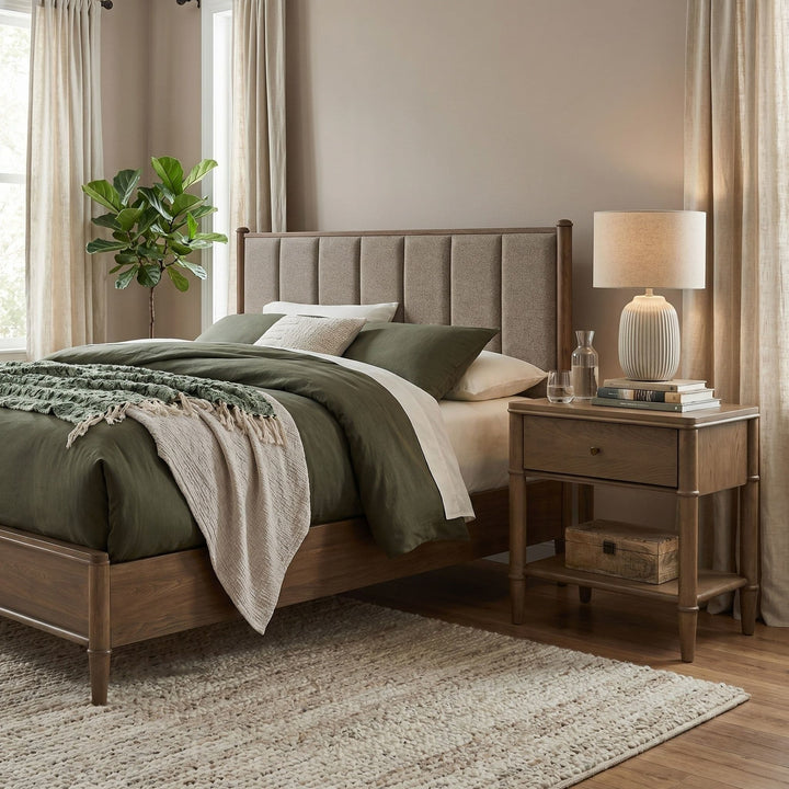 Whitmore One Drawer Nightstand with Cord Management in Claystone — in a bedroom setting