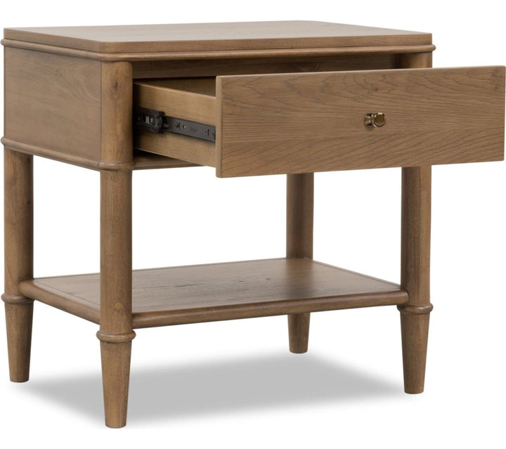Whitmore One Drawer Nightstand with Cord Management in Claystone — with drawers open