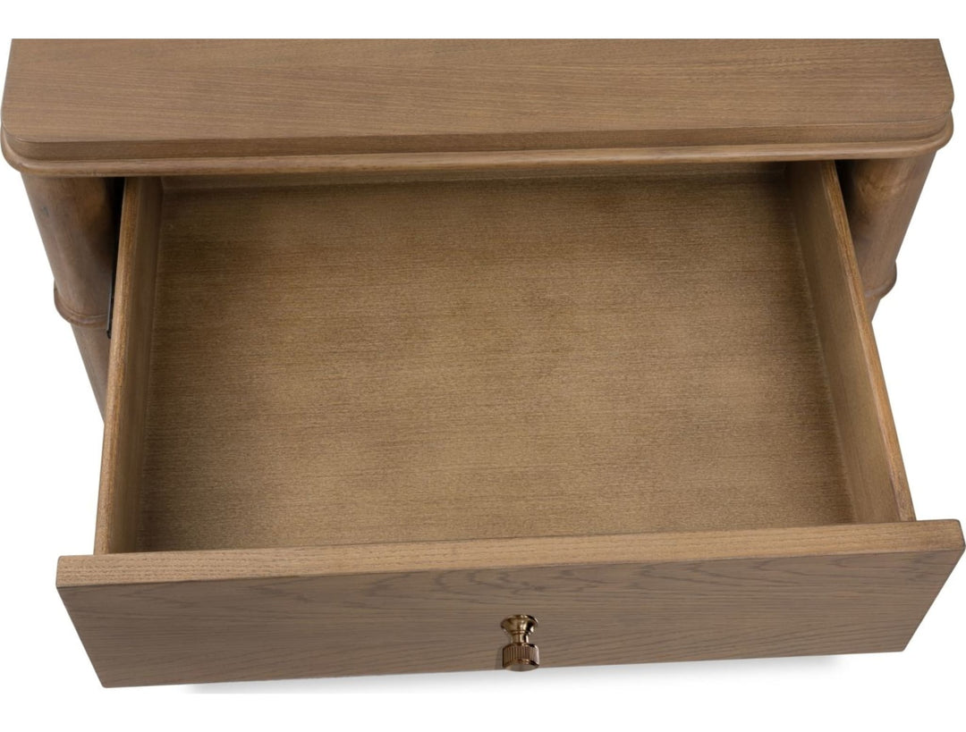 Whitmore One Drawer Nightstand with Cord Management in Claystone — with drawers open