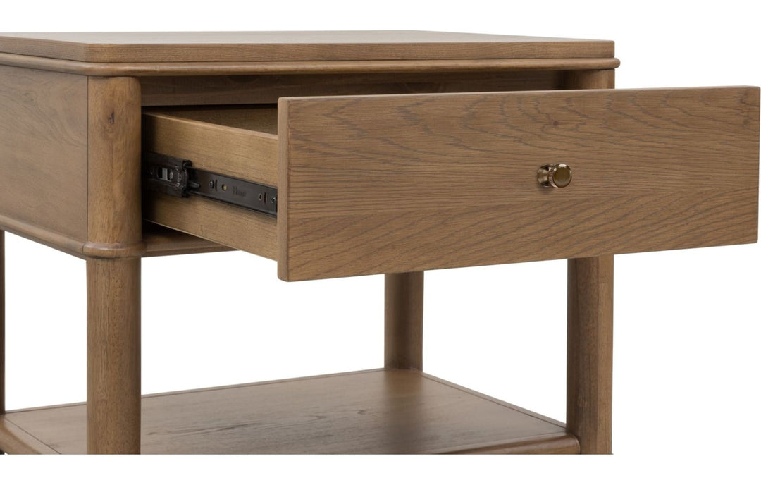 Whitmore One Drawer Nightstand with Cord Management in Claystone — with drawers open