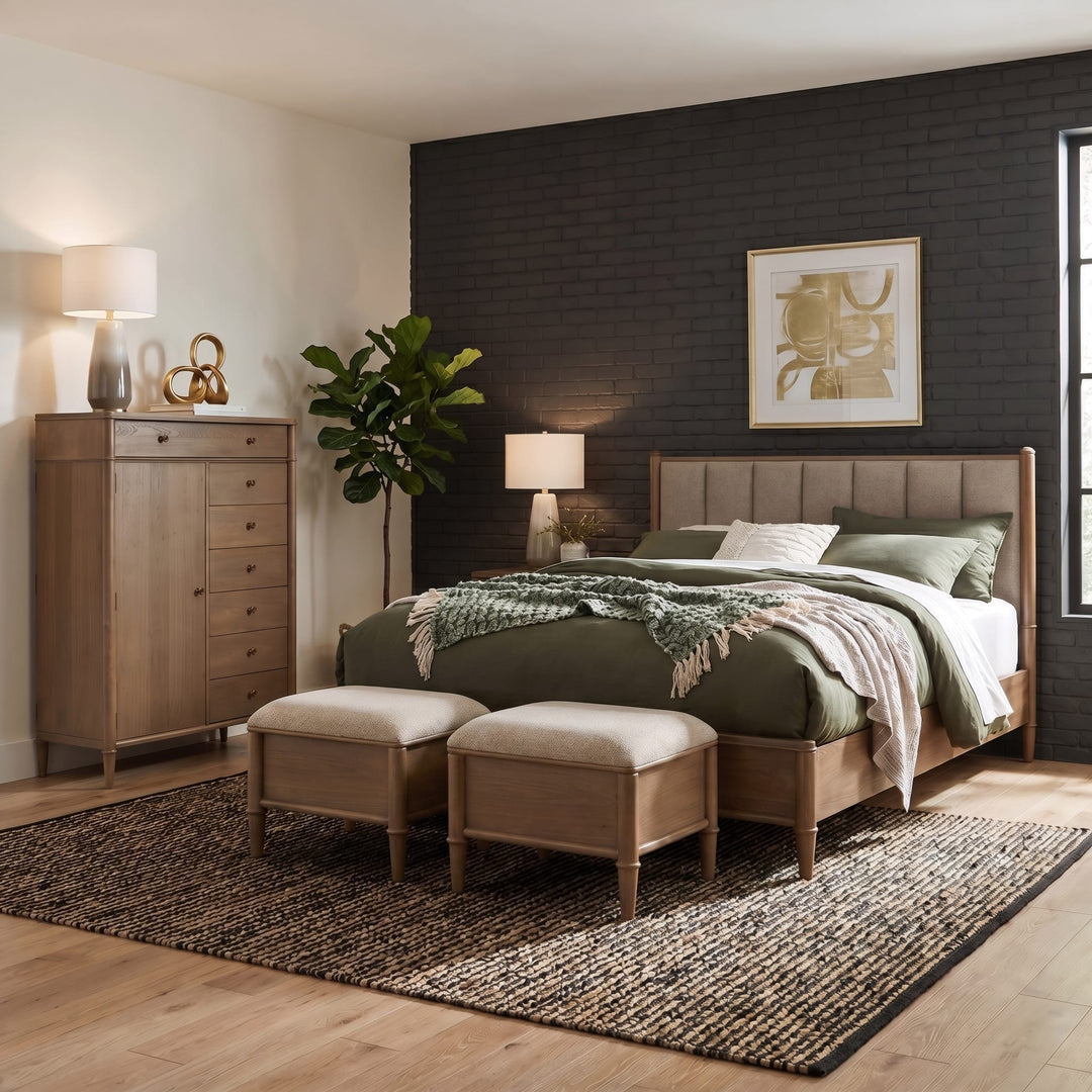 Whitmore Storage Ottoman in Claystone — in a bedroom setting