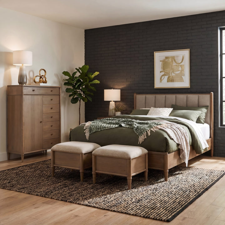 Whitmore Storage Ottoman in Claystone — in a bedroom setting