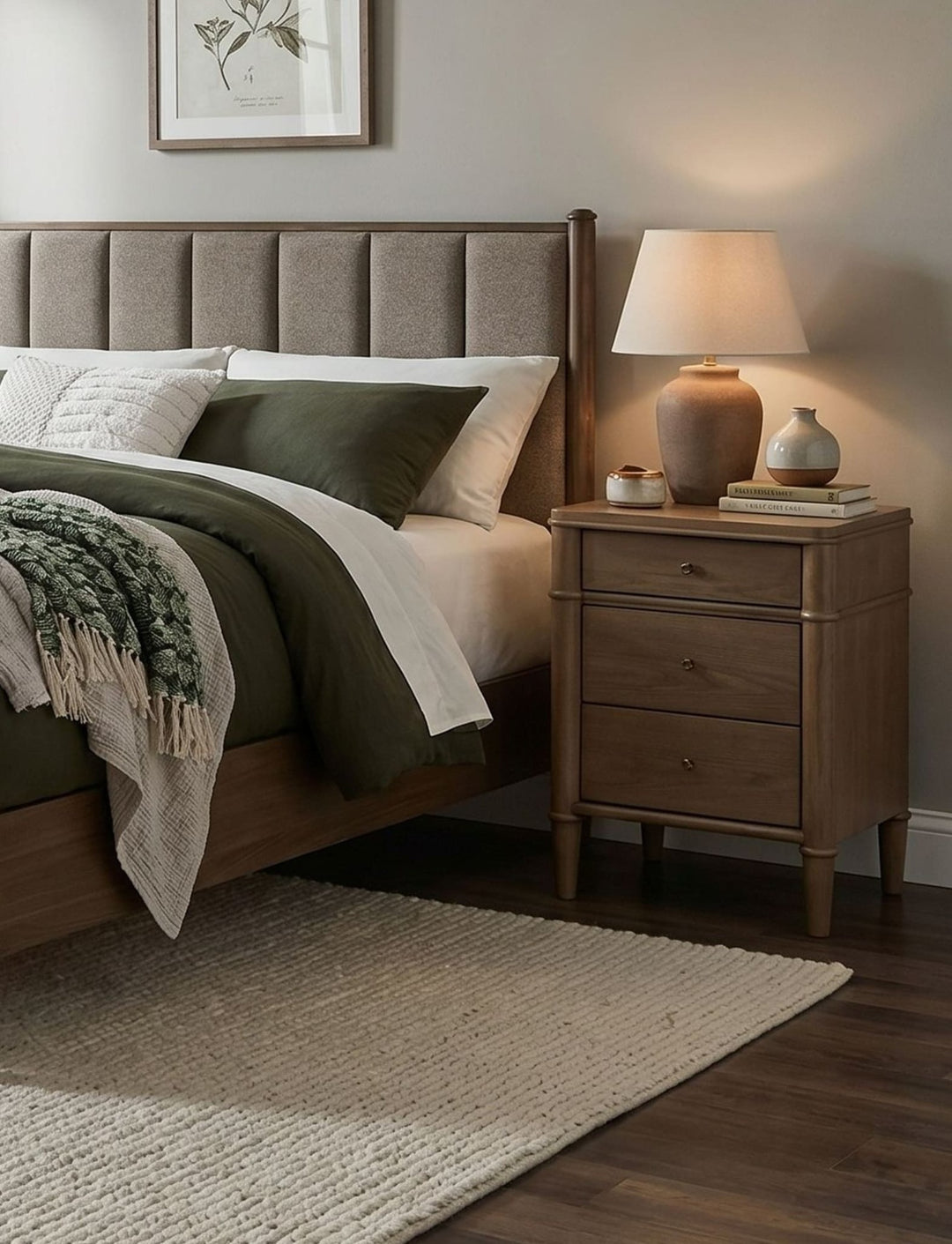 Whitmore Three Drawer Nightstand with Cord Management in Claystone — in a bedroom setting