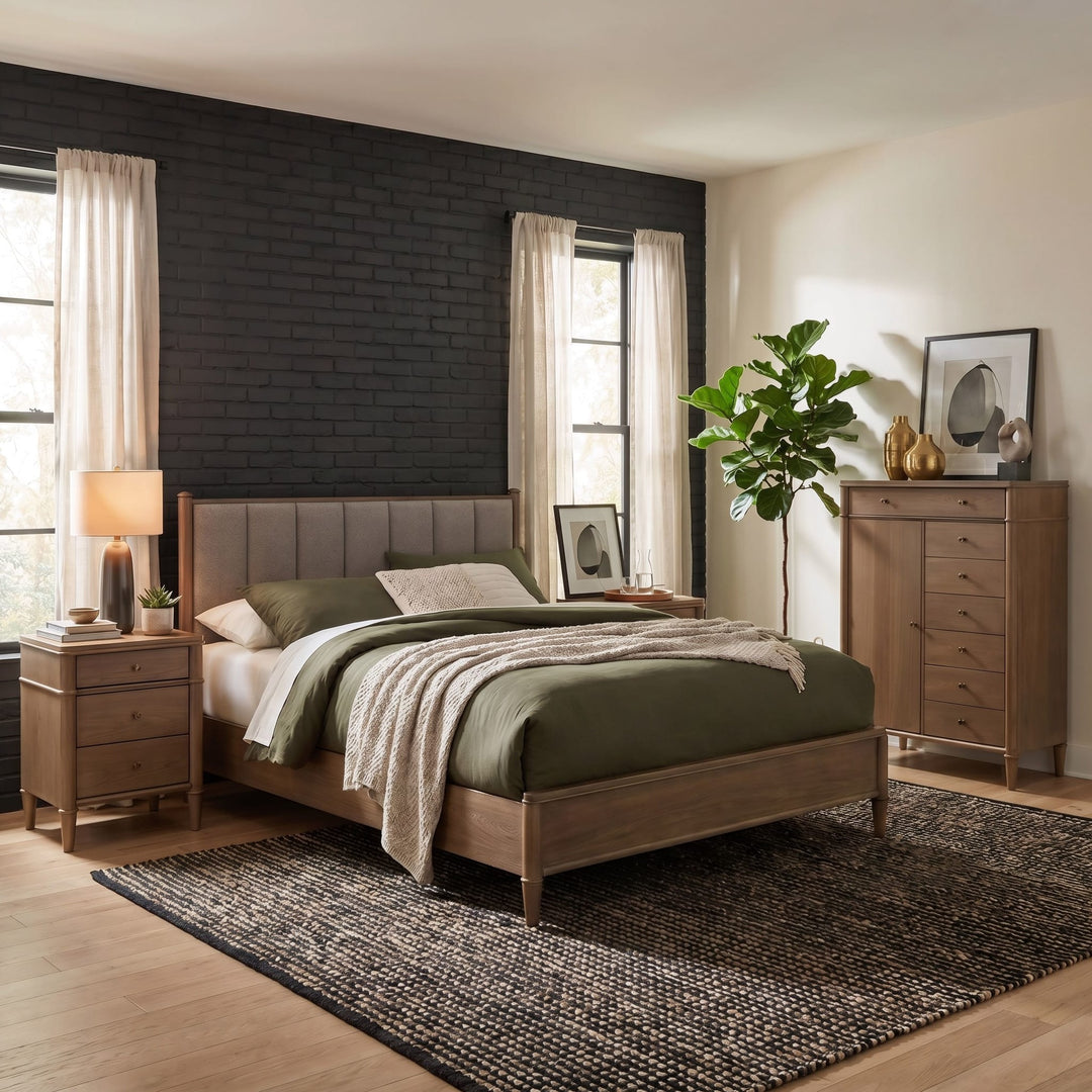 Whitmore Three Drawer Nightstand with Cord Management in Claystone — in a bedroom setting