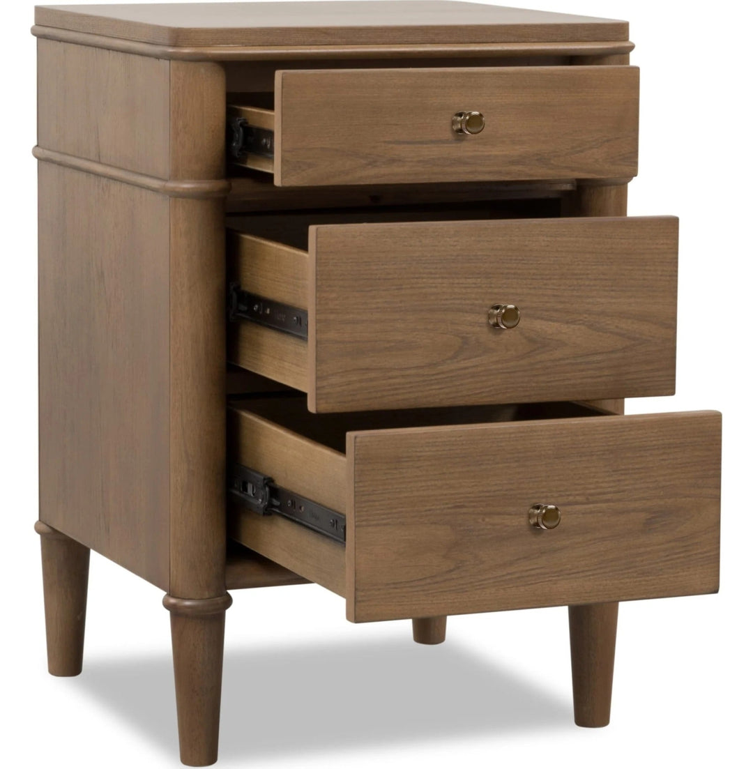 Whitmore Three Drawer Nightstand with Cord Management in Claystone — with drawers open