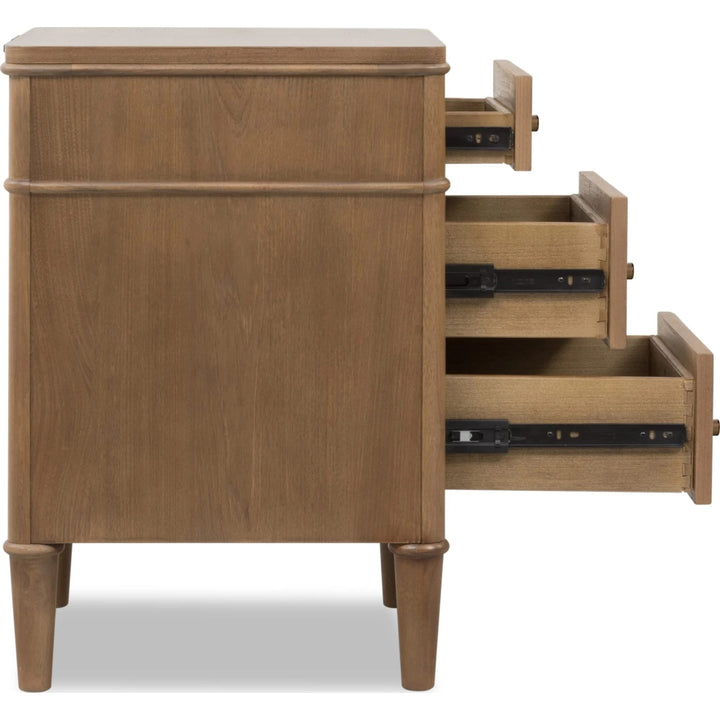 Whitmore Three Drawer Nightstand with Cord Management in Claystone — with drawers open