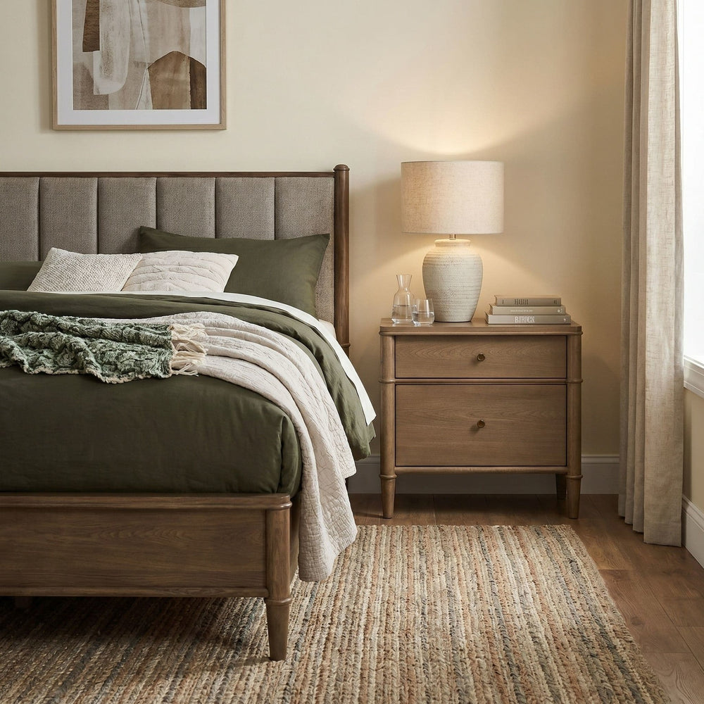 Whitmore Two Drawer Nightstand with Cord Management in Claystone — in a bedroom setting