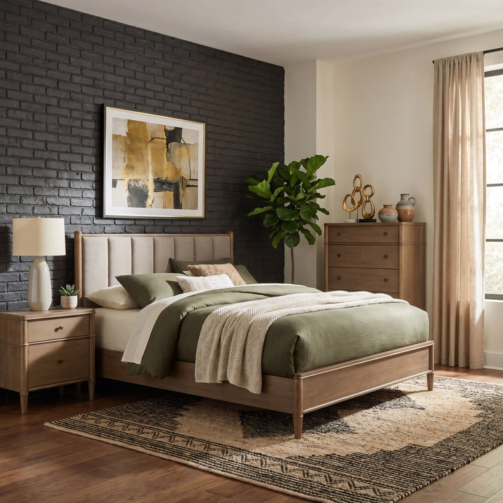 Whitmore Two Drawer Nightstand with Cord Management in Claystone — in a bedroom setting