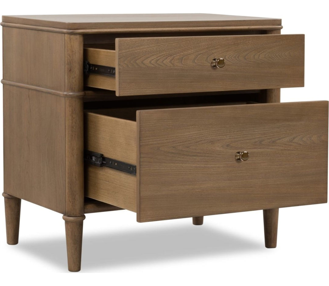 Whitmore Two Drawer Nightstand with Cord Management in Claystone — with drawers open