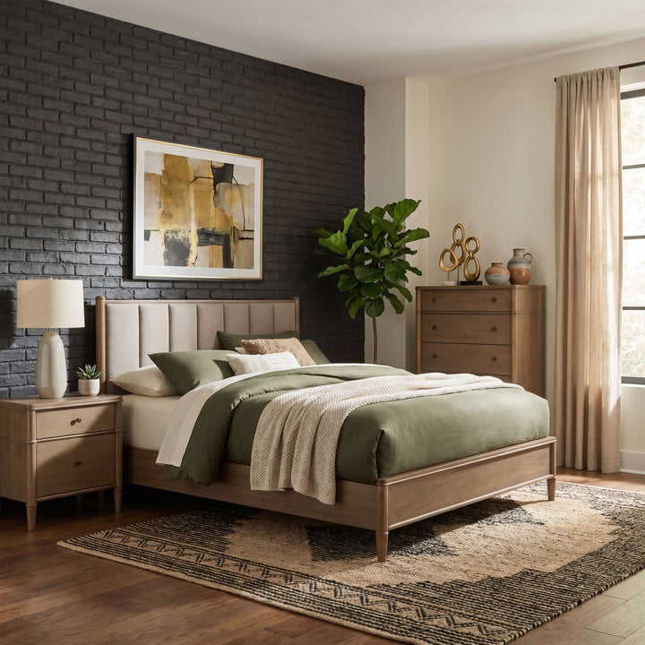 Whitmore Wood and Upholstered Bed styled in a bedroom