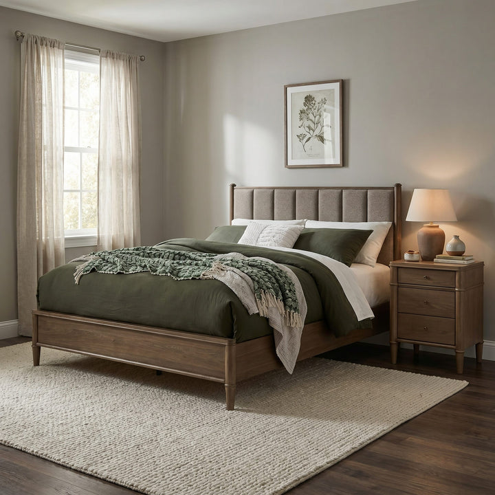 Whitmore Wood and Upholstered Bed styled in a bedroom