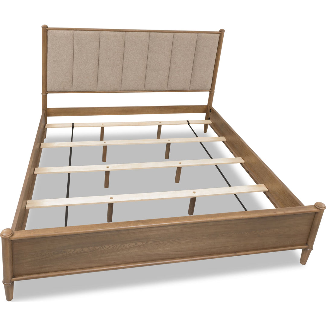 Whitmore Wood and Upholstered Bed — without mattress, showing slat platform