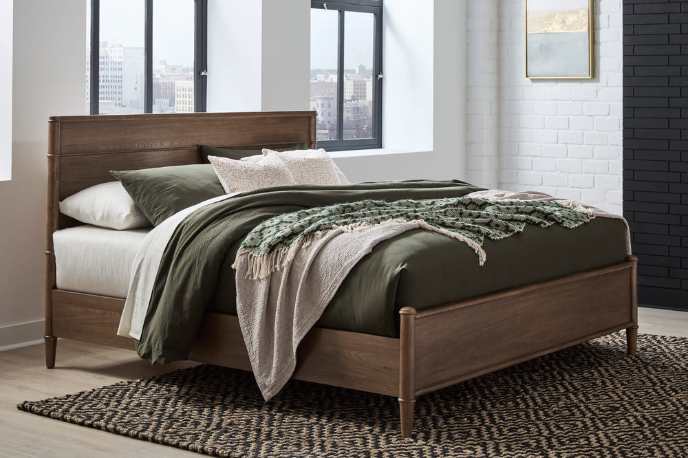 Whitmore Wood Bed in Claystone styled in a bedroom