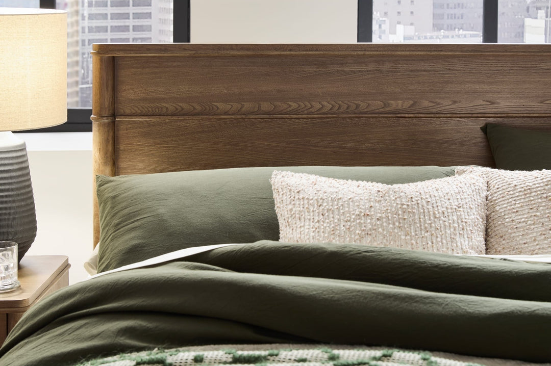 Whitmore Wood Bed in Claystone styled in a bedroom
