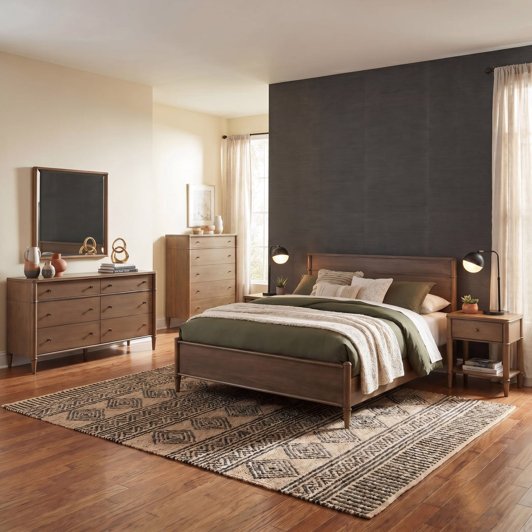 Whitmore Wood Bed in Claystone styled in a bedroom