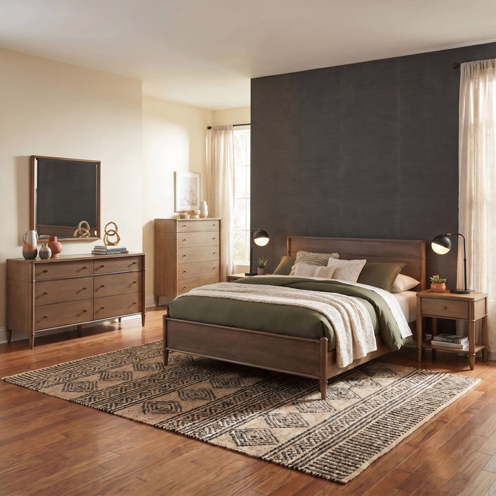 Whitmore Wood Bed in Claystone styled in a bedroom