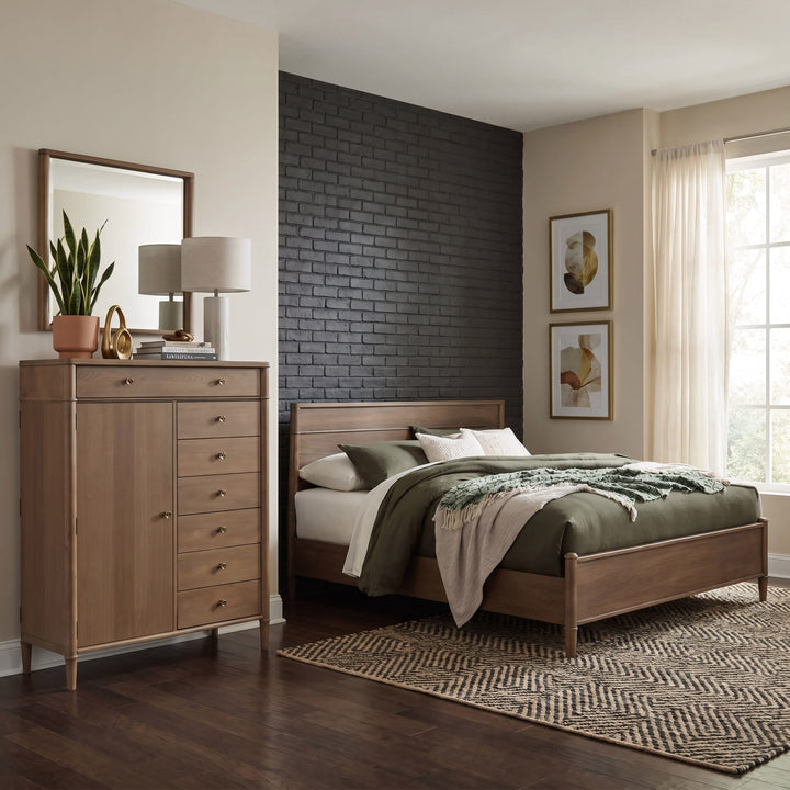 Whitmore Wood Bed in Claystone styled in a bedroom
