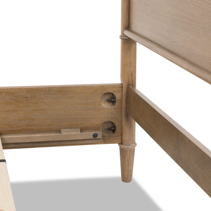 Whitmore Wood Bed in Claystone — close-up of the leg and rail fitting