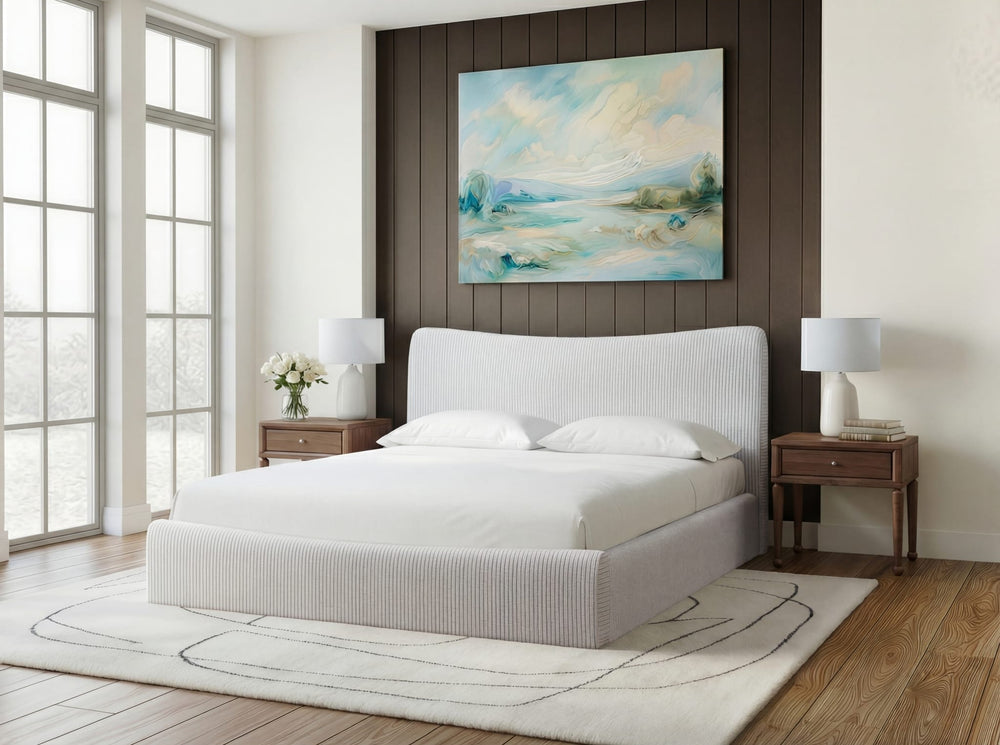 Windham Upholstered Bed in Sage styled in a bedroom