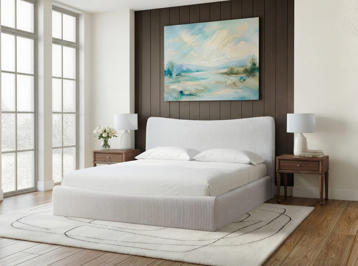Windham Upholstered Bed in Sage styled in a bedroom